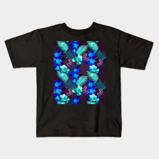 Palm Leaves And Flowers, Blue Purple Kids T-Shirt